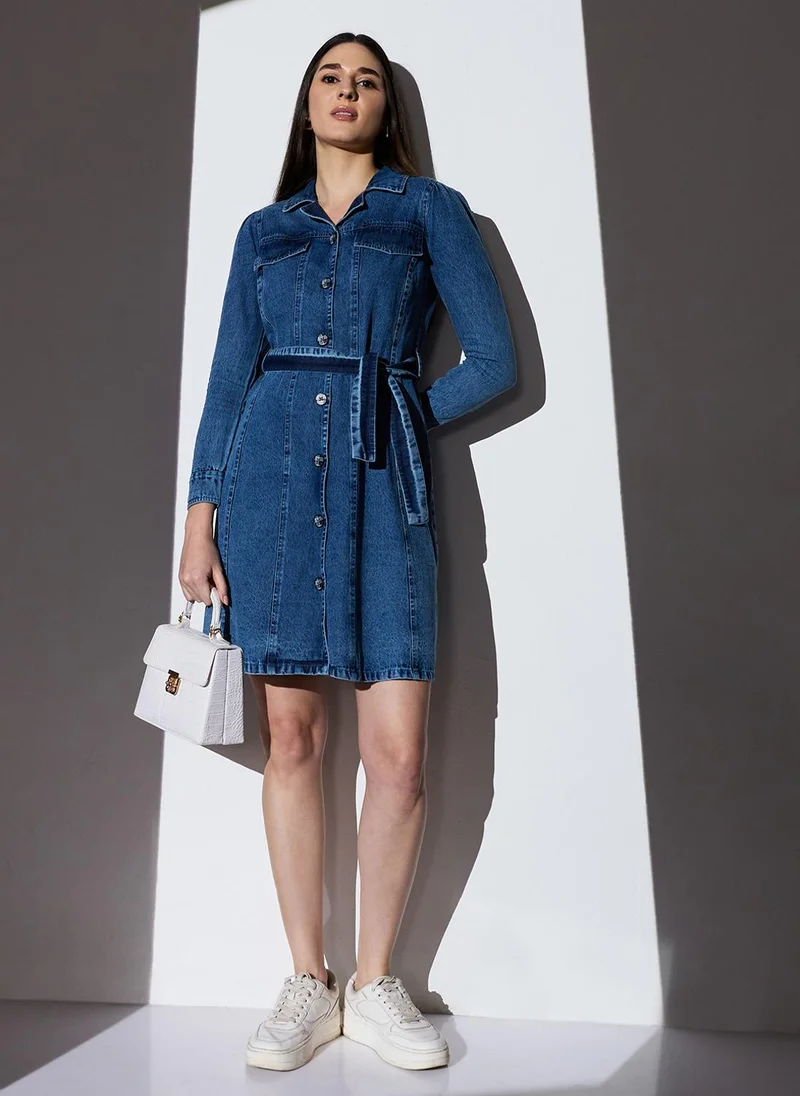 جلو باص Globus Women Med Blue Cuban Collar Cuffed Sleeves Pocket Detail Mini Denim A-Line Shirt Dress With Belt